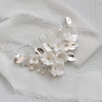 Gold Leaves White Flower Hair Comb Bride, Wedding Hair Comb Bridal Hair Comb Wedding Hair Accessories