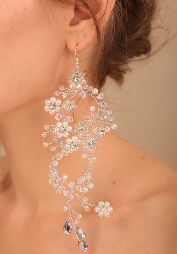 Swarovski crystal earring Pearl earring Long Bridal Jewelry Bridal Earring Crystal Bridal Earring extra long Statement Earring pearl earring